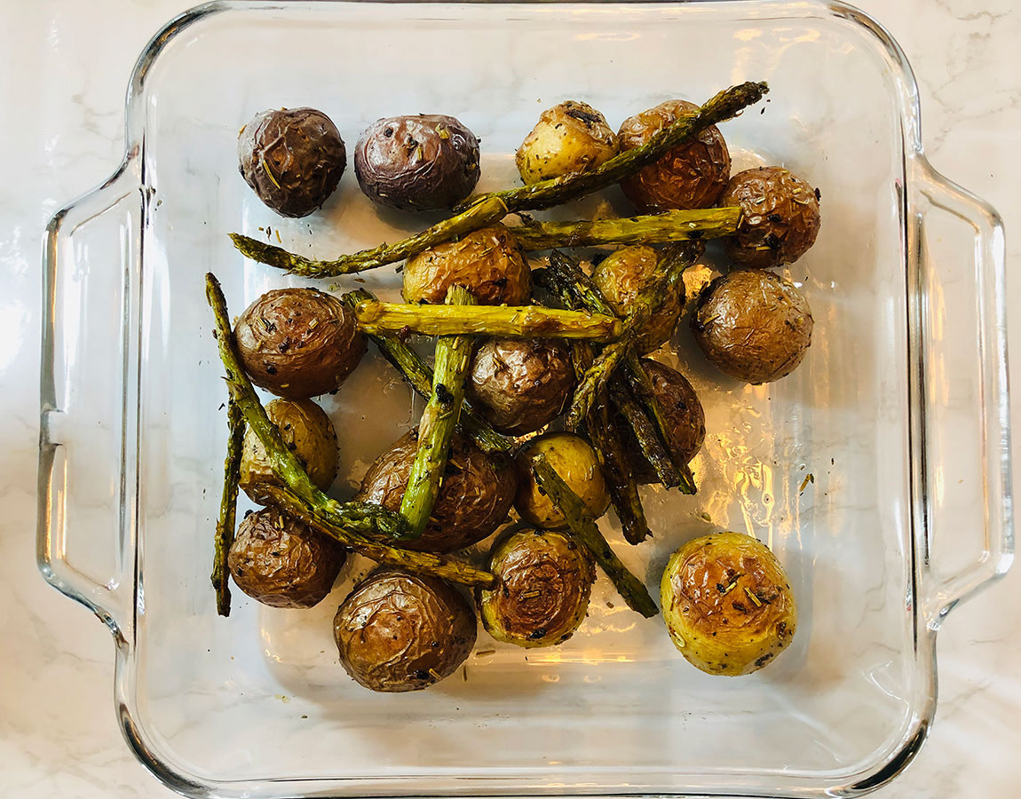 vegan Crispy Smashed New Potatoes With Garlic, Rosemary And Asparagus